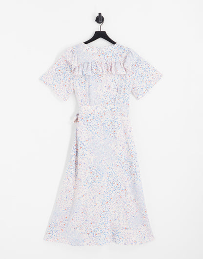 Y.A.S frill detail wrap midi dress in pink & blue print