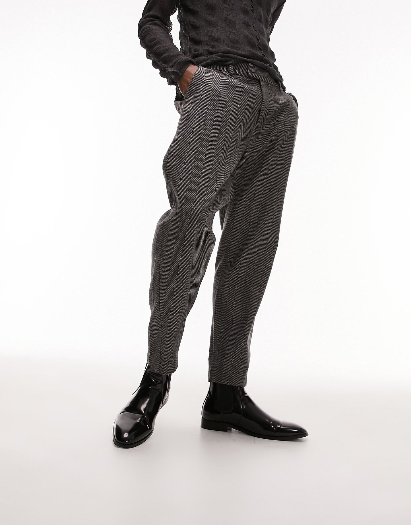 Topman Premium Limited Edition straight herringbone wool mix suit trousers in grey