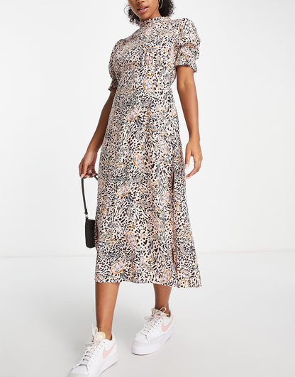 Miss Selfridge piecrust neck midi tea dress in paisley print