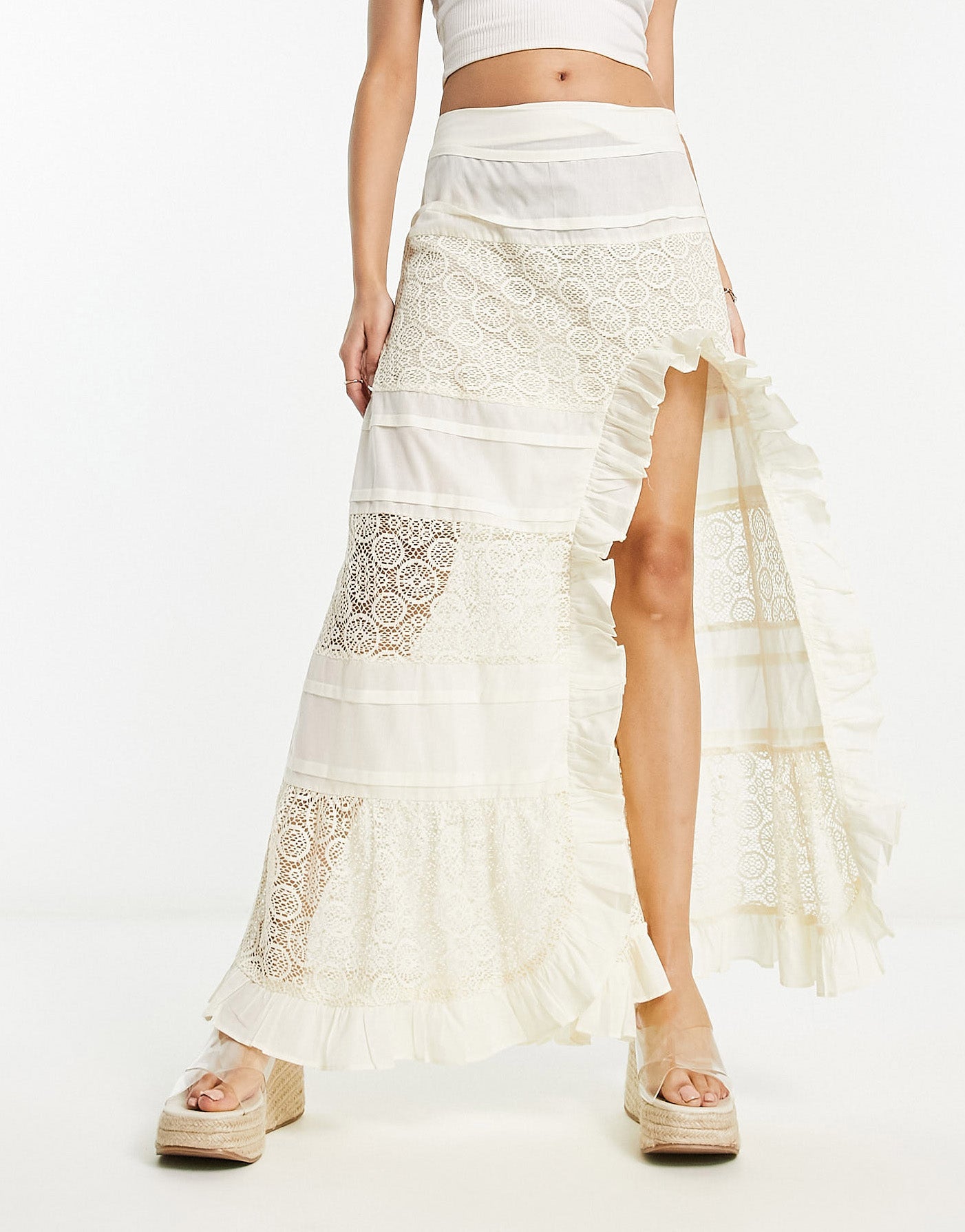 ASOS DESIGN lace insert and embroidered maxi skirt with side split in cream