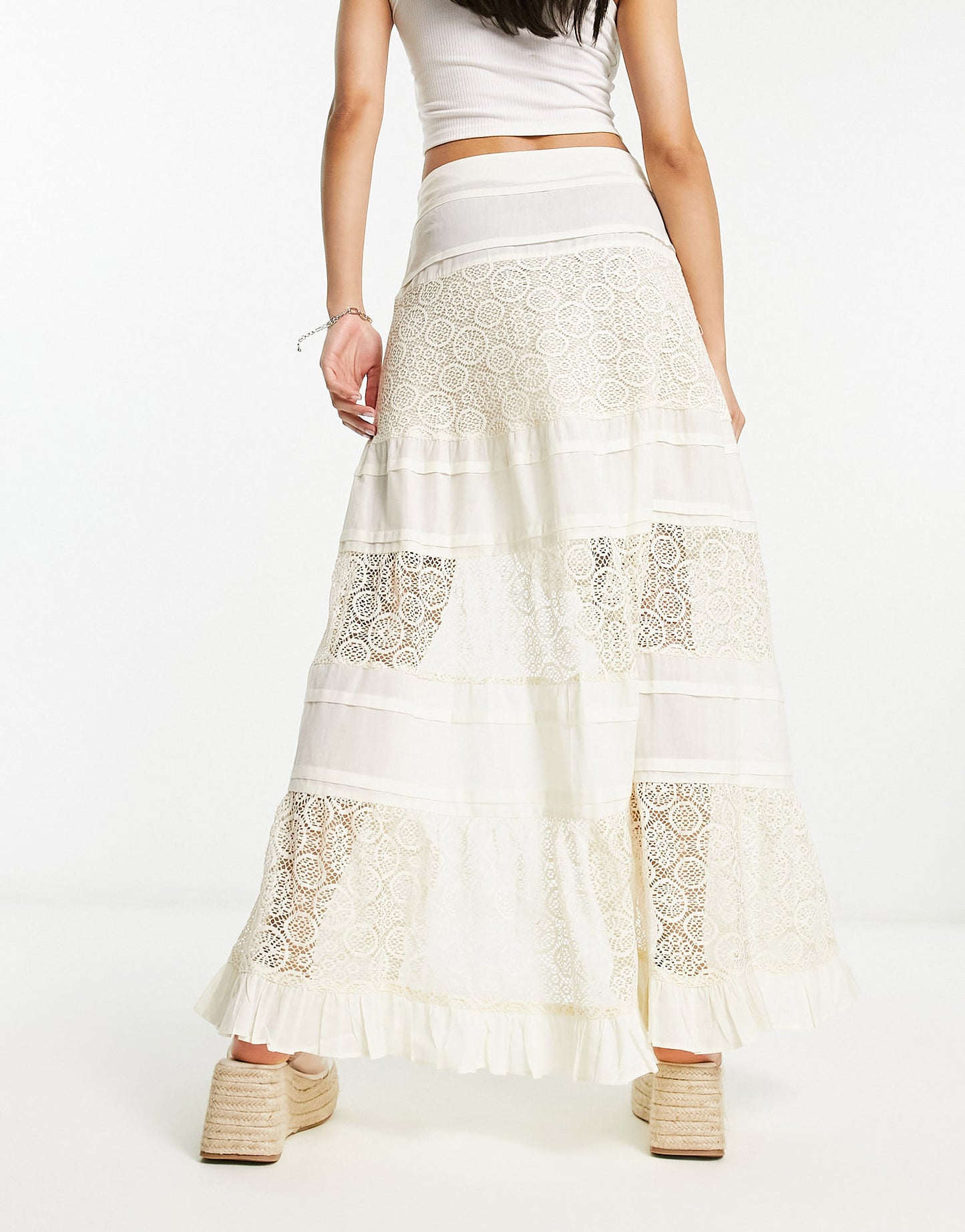 ASOS DESIGN lace insert and embroidered maxi skirt with side split in cream