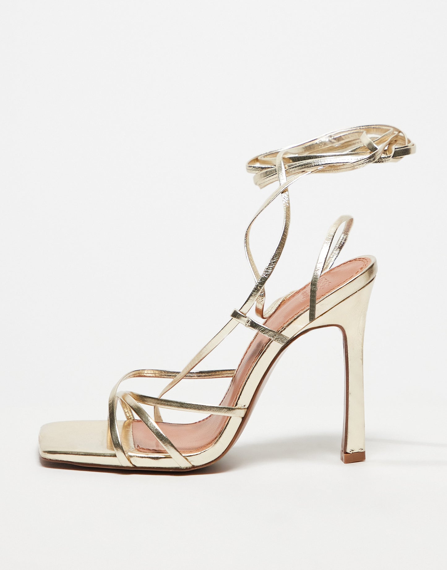 ASOS DESIGN Nobu strappy tie leg heeled sandals in gold