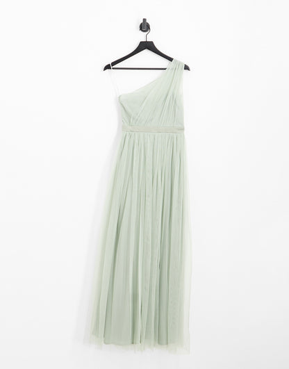 Anaya Petite Bridesmaid tulle one shoulder maxi dress in sage green