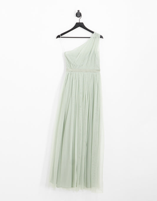 Anaya Petite Bridesmaid tulle one shoulder maxi dress in sage green