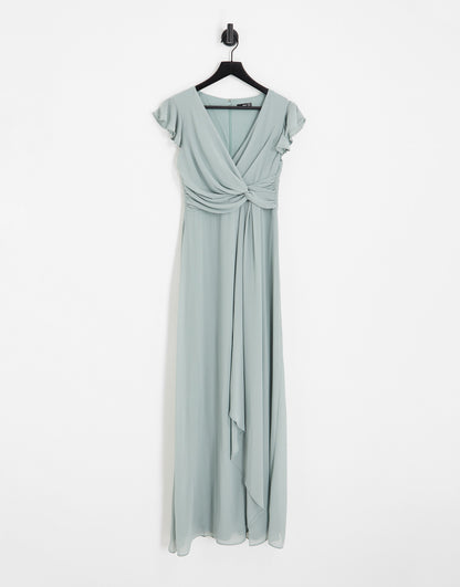 TFNC Bridesmaid flutter sleeve ruffle detail maxi dress in sage