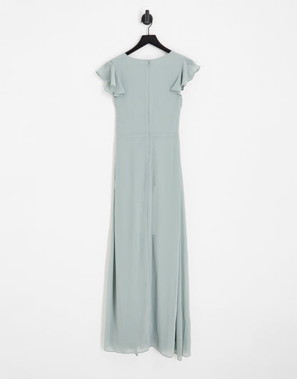 TFNC Bridesmaid flutter sleeve ruffle detail maxi dress in sage