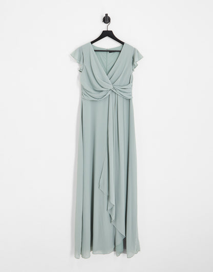 TFNC Maternity Bridesmaid flutter sleeve ruffle detail maxi dress in sage