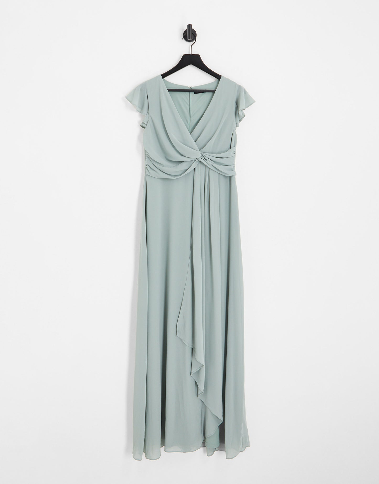 TFNC Maternity Bridesmaid flutter sleeve maxi dress with non-functional wrap front in sage