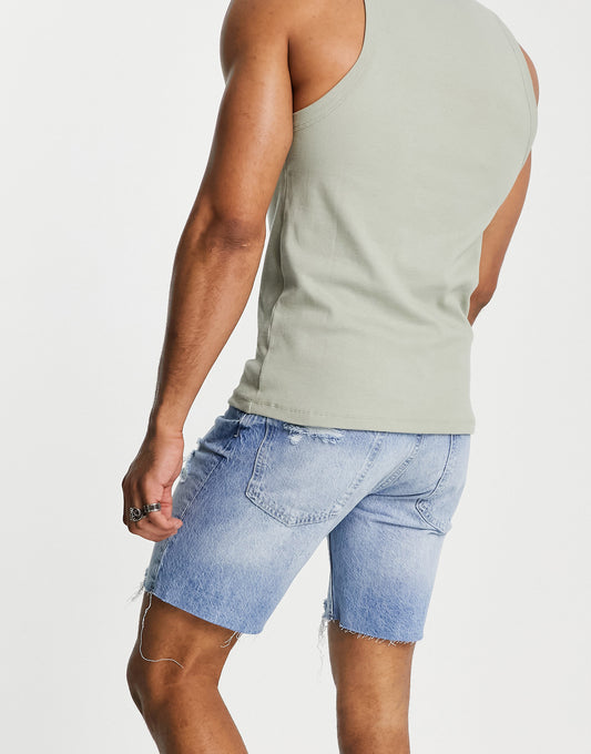 Pull&Bear straight fit denim shorts with rips in mid blue