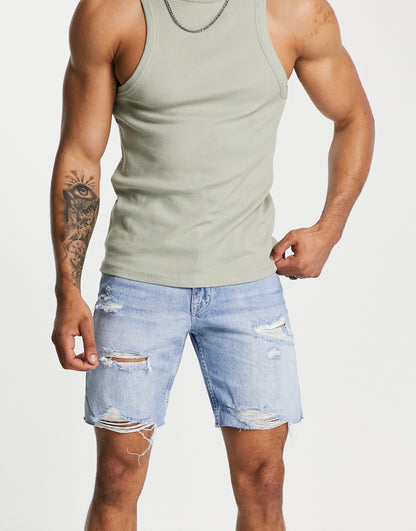 Pull&Bear straight fit denim shorts with rips in mid blue