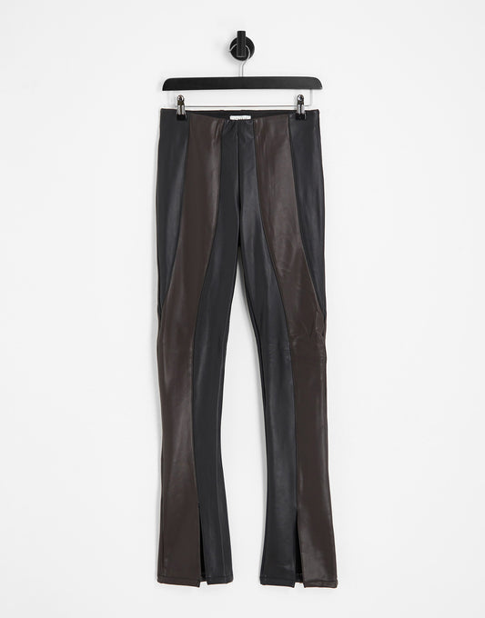 Topshop faux leather contrast panel seamed skinny flare with split hem in chocolate