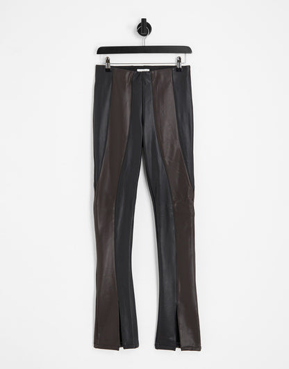 Topshop faux leather contrast panel seamed skinny flare with split hem in chocolate