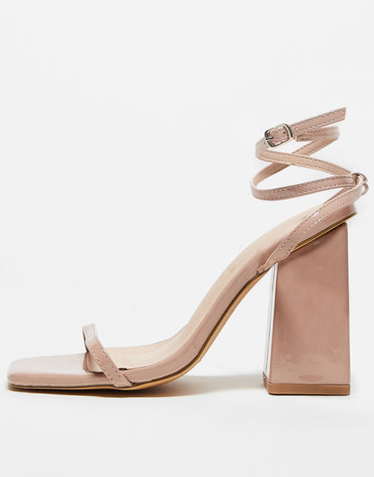 London Rebel Wide Fit block heeled sandal in beige patent