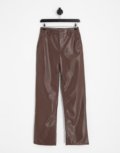 ASOS DESIGN faux leather straight leg trousers in brown