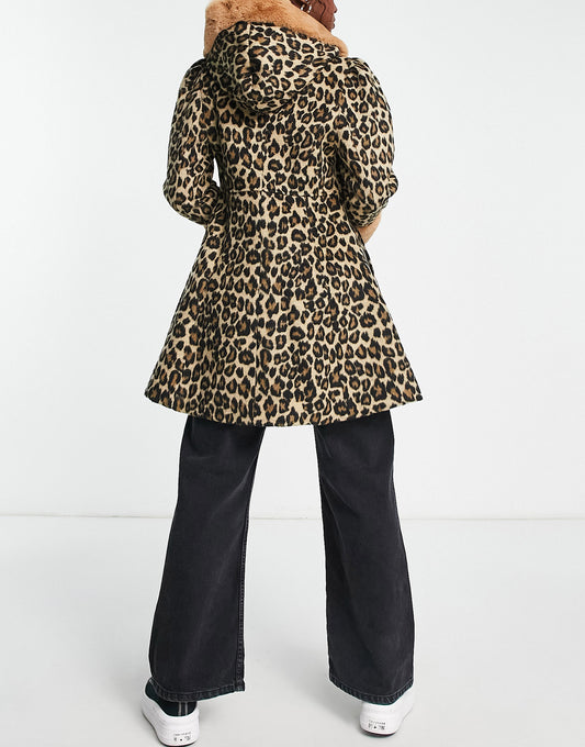 Miss Selfridge leopard duffle swing coat with fur hood