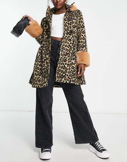 Miss Selfridge leopard duffle swing coat with fur hood