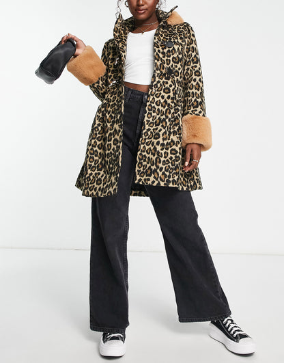 Miss Selfridge leopard duffle swing coat with fur hood