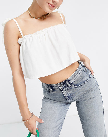 ASYOU tie shoulder frill crop top in white