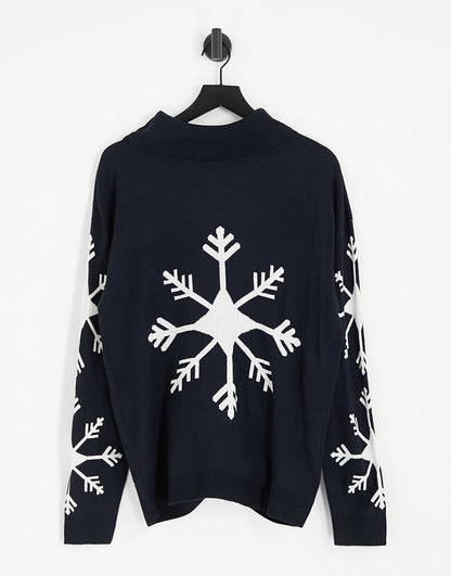 Threadbare oversized snow flake roll neck Christmas jumper in navy