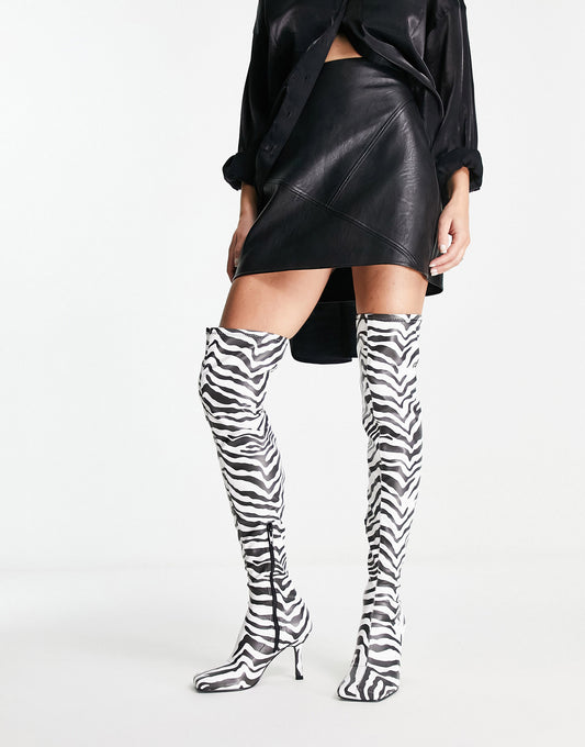 ASOS DESIGN Kindred heeled square toe over the knee boots in zebra