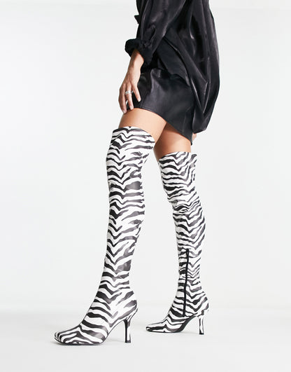 ASOS DESIGN Kindred heeled square toe over the knee boots in zebra