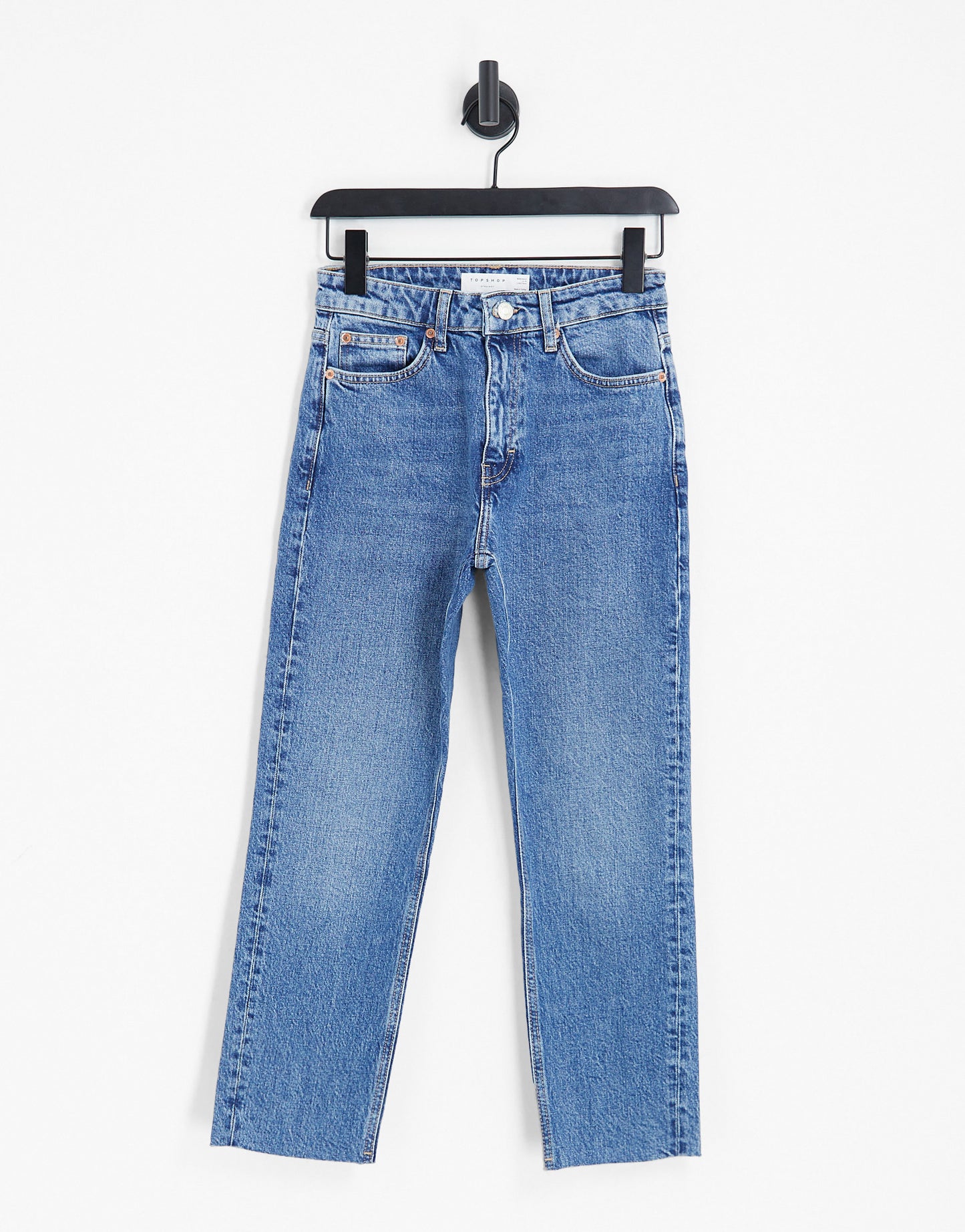 Topshop cropped mid rise with raw hems straight jeans in mid blue