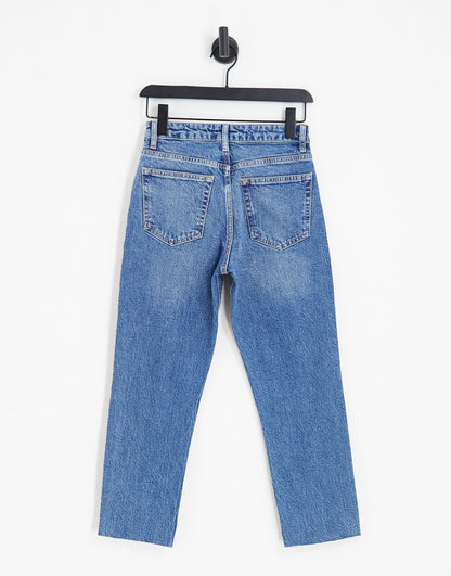 Topshop cropped mid rise with raw hems straight jeans in mid blue