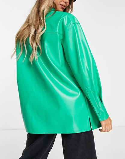 Miss Selfridge faux leather oversized shirt in green