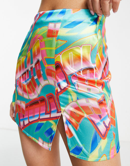 ASYOU double split front mini skirt in graphic print