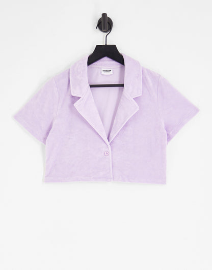 Noisy May towelling cropped beach shirt co-ord in lilac