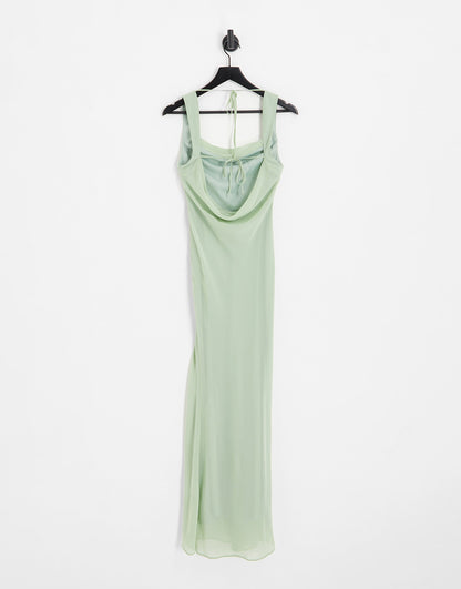 ASOS DESIGN Bridesmaid bias cut maxi dress with lace up back detail in sage