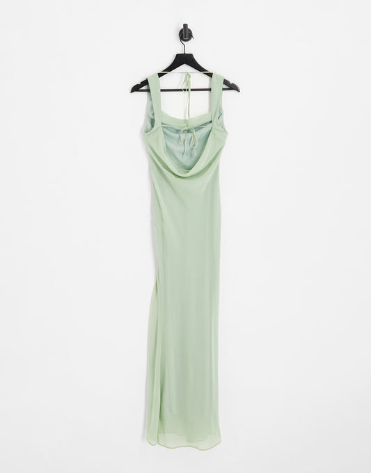 ASOS DESIGN Bridesmaid bias cut maxi dress with lace up back detail in sage