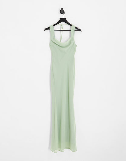 ASOS DESIGN Bridesmaid bias cut maxi dress with lace up back detail in sage