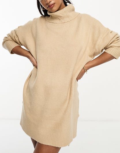 Brave Soul Petite ming knitted roll neck jumper dress in cream