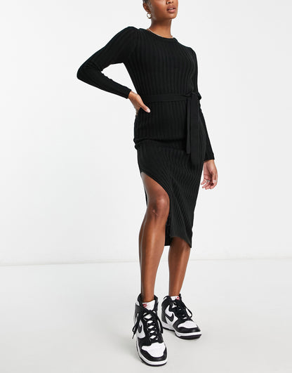 Brave Soul Petite eddie knitted dress with slit in black