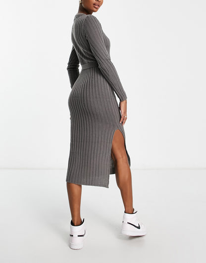 Brave Soul Petite eddie knitted dress with slit in dark grey