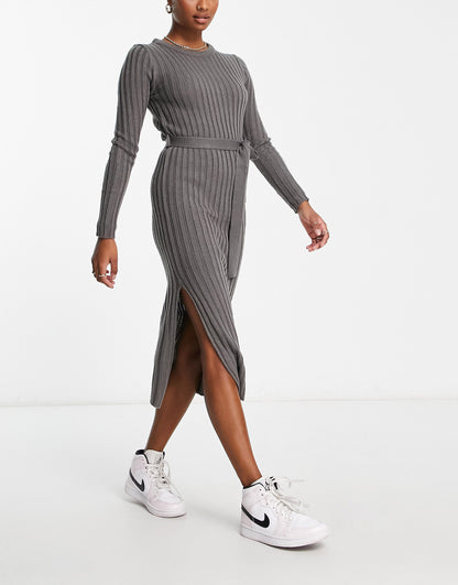 Brave Soul Petite eddie knitted dress with slit in dark grey