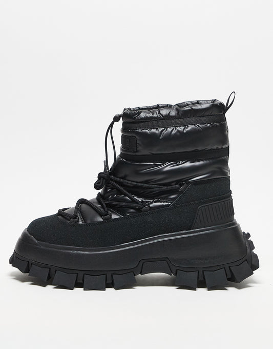 ASOS DESIGN puffer chelsea boot on chunky sole with lace detail in black wet look nylon