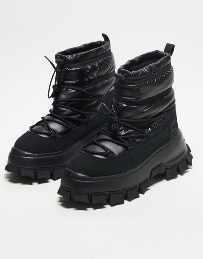 ASOS DESIGN puffer chelsea boot on chunky sole with lace detail in black wet look nylon