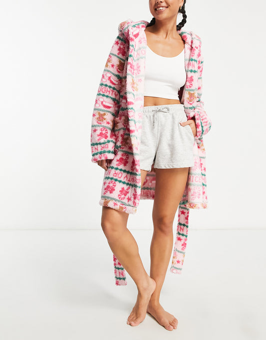 ASOS DESIGN Christmas fairisle borg mini robe in pink