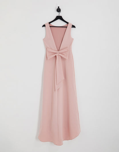 TFNC Bridesmaid bow back maxi dress in muted blush