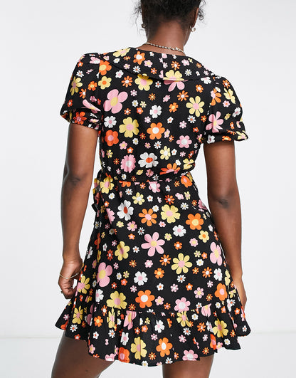 Miss Selfridge frill wrap mini tea dress in black retro floral