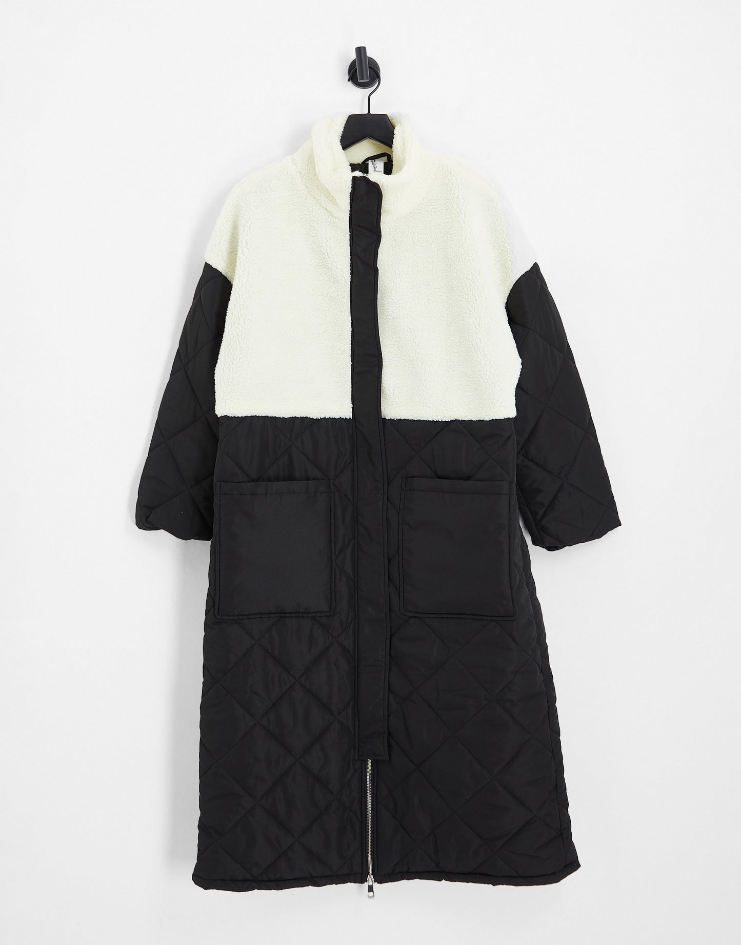 Violet Romance Plus quilted longline coat with borg contrast in black