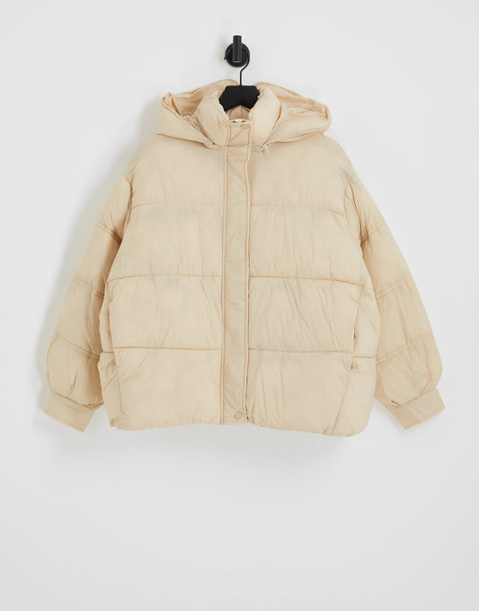 Topshop mid length swing hem hooded puffer jacket in stone