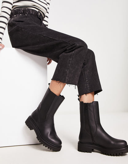 London Rebel Leather chunky chelsea boot in black