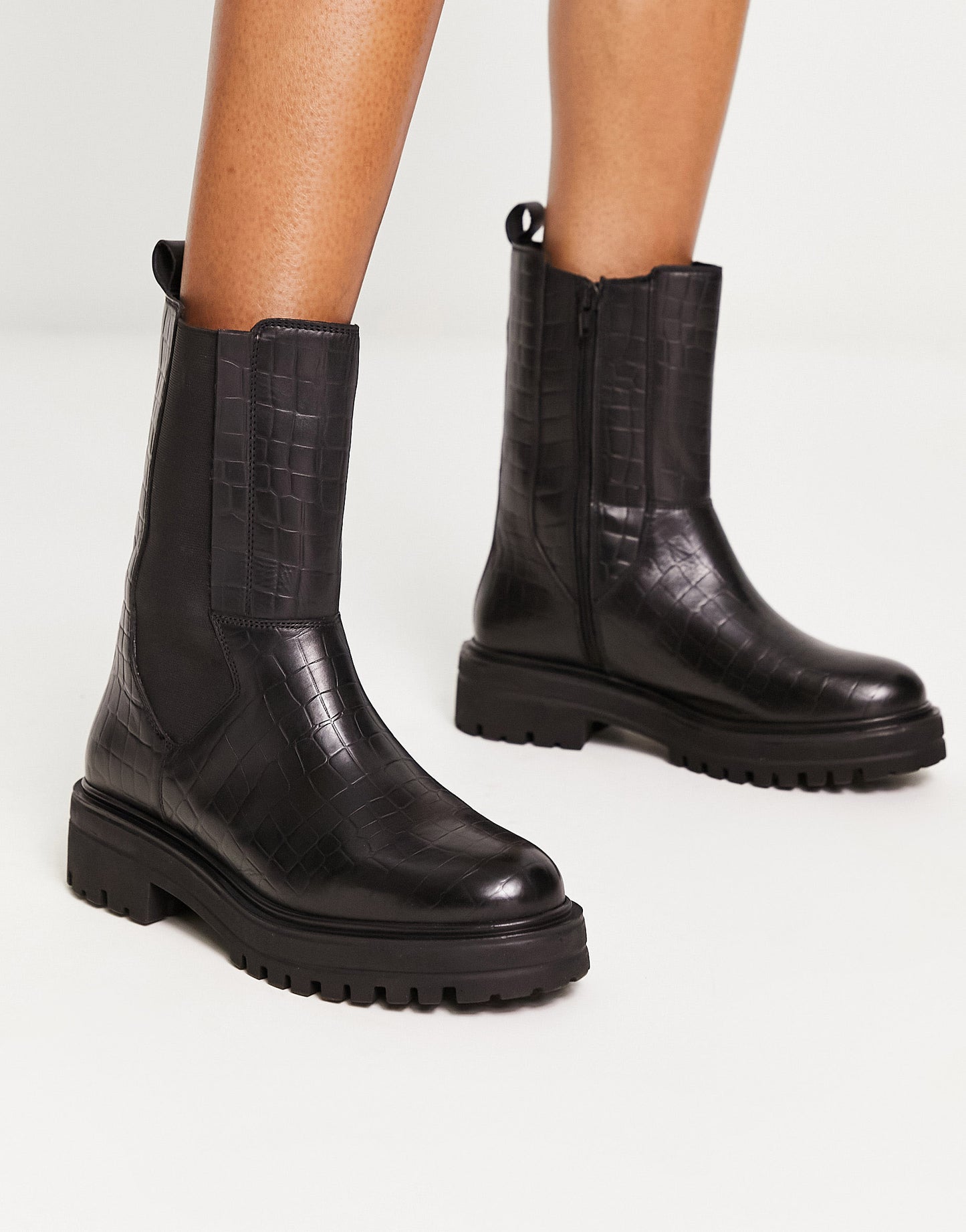 London Rebel Leather chunky chelsea boot in black croc