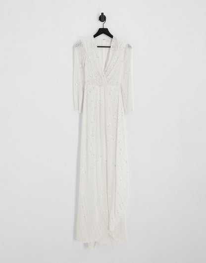 ASOS DESIGN Alexa sequin long sleeve wrap wedding dress in