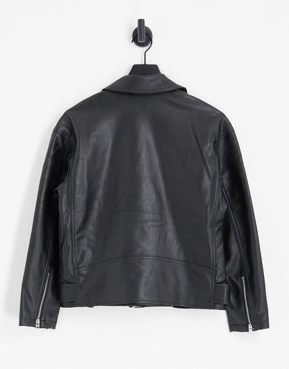 Topshop faux oversized biker jacket in black