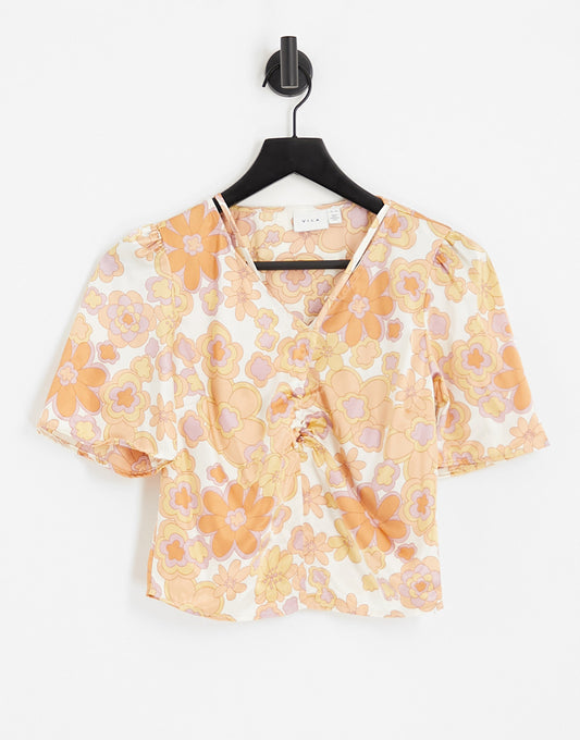 Vila satin blouse in retro floral