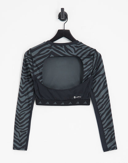 adidas Training Hyperglam zebra print crop top in black